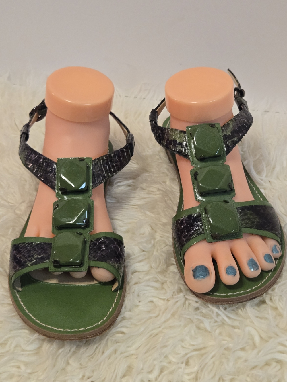 Green Women's T-Strap Gem Accent Sandals